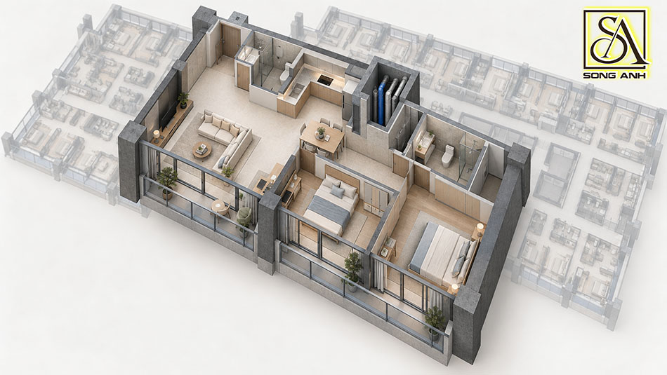 Mặt bằng 3D căn hộ điển hình thể hiện cột, vách và hộp kỹ thuật cạnh bếp trước khi bố trí nội thất.